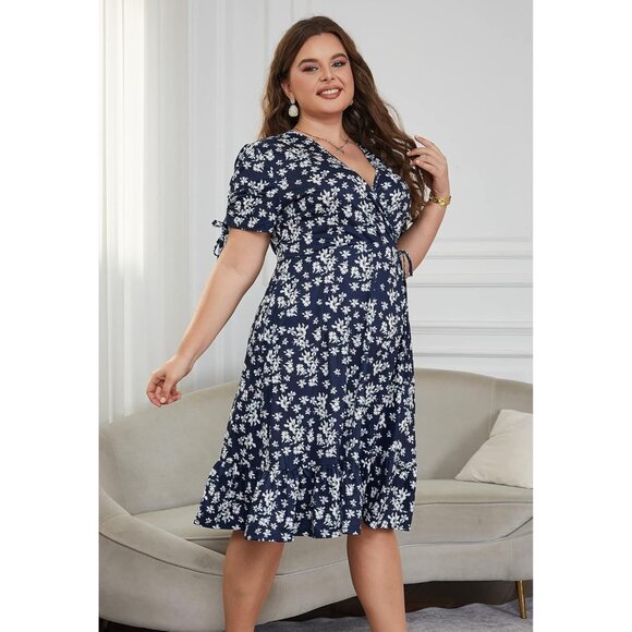 Plus Size Summer Wedding Guest Dress Boho Floral V Neck Pockets A Line - Picture 7 of 7